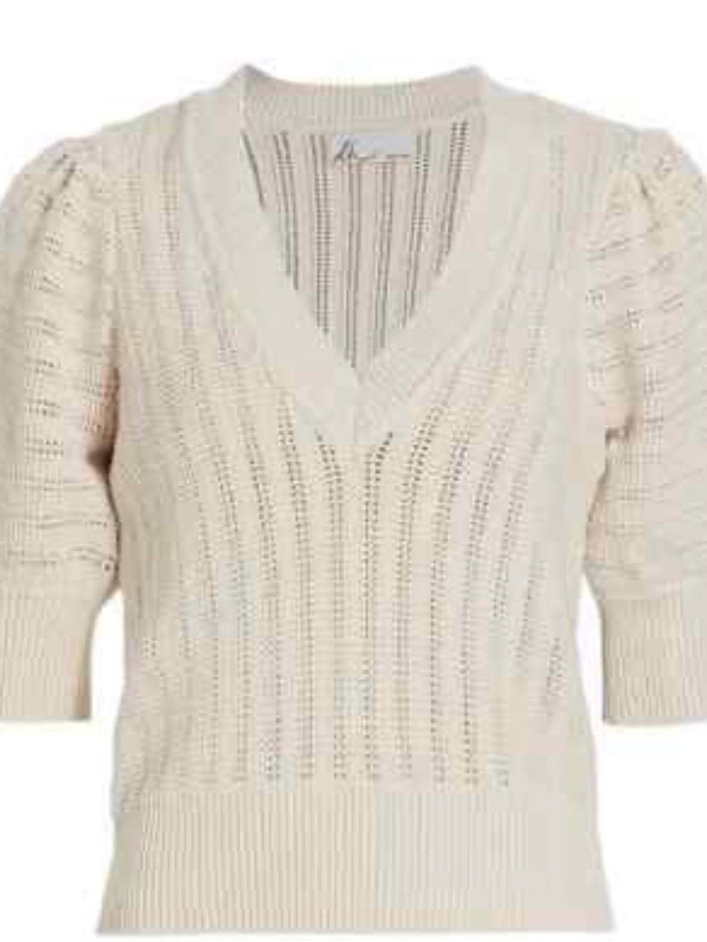 dh New York Light Cream V-Neck Knit Puff Sleeve Sweater - Medium